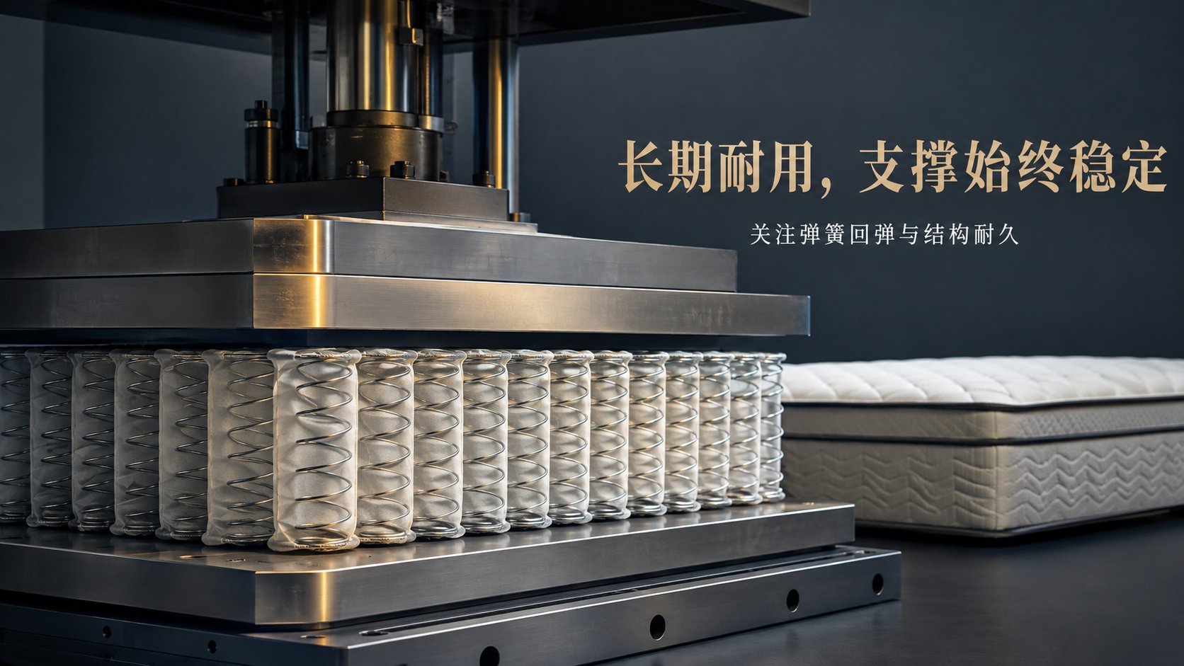 工业实验室场景下,重型金属压力机正在对一排排独立袋装弹簧进行抗压测试。银色弹簧包裹在白色无纺布袋中,排列整齐,展现精密工艺。背景虚化处可见一张完整的白色床垫。画